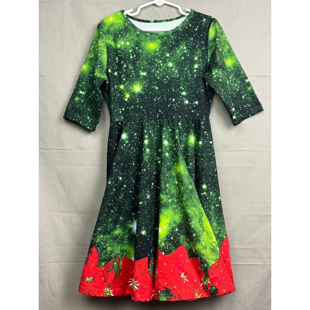 Girls Holiday Christmas Dress – Galaxy Star Print with Poinsettias, Size S